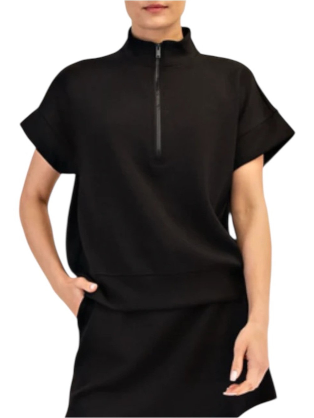 Rae Mode Large Black Mock Neck Half Zip Short Sleeve Pullover Scuba Knit Top
